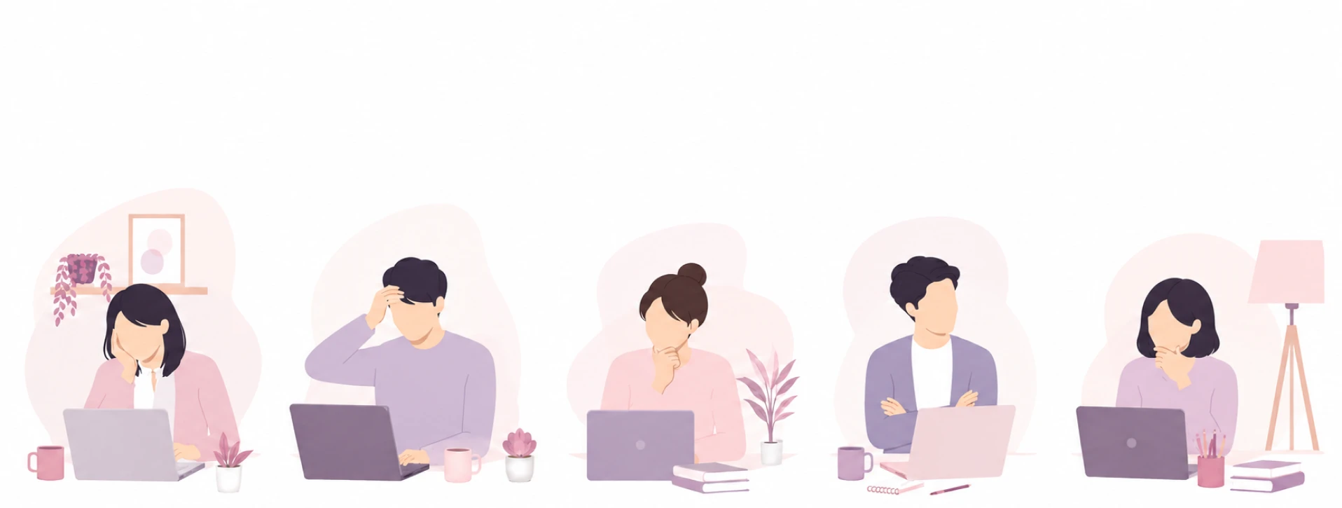 在宅で悩みながら働くワーカーたちのイラスト