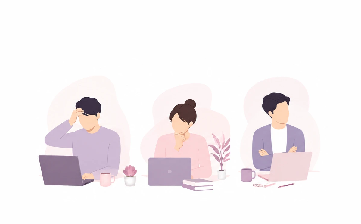 在宅で悩みながら働くワーカーたちのイラスト